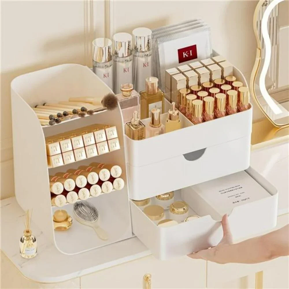 Large makeup organizer with drawers and brush holder vanity countertop storage